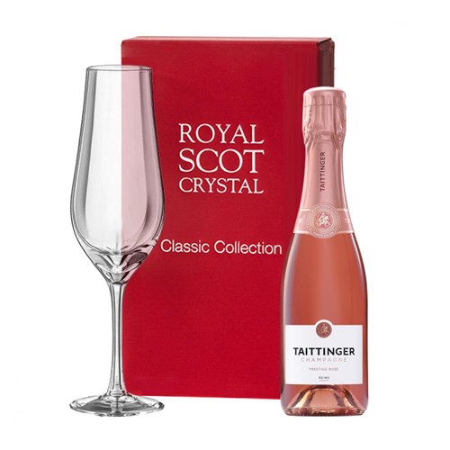 Taittinger Brut Prestige Rose Champagne 37.5cl and Royal Scot Classic Collection Flute In Red Gift Box